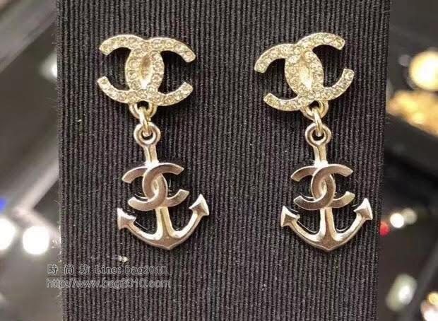 chanel耳環 潮海軍風 船錨滿鑽 長款耳釘 925銀針耳環 明星同款  gzsc1179